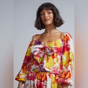Floral-Print Tie-Front Balloon-Sleeve Top